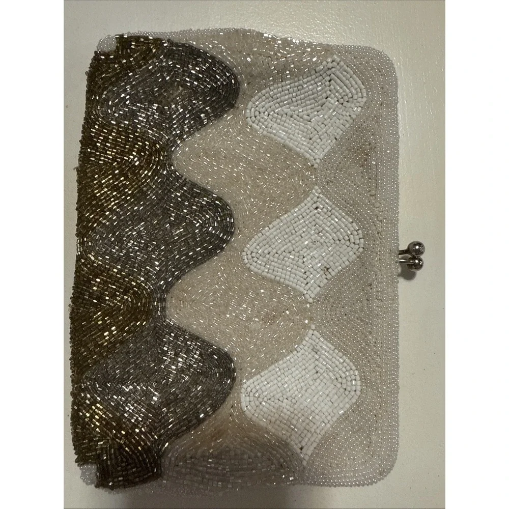 Vintage Prom Beaded Clutch Purse Wavy‎ Pattern Metallic Shimmer Glass Seed Beads
